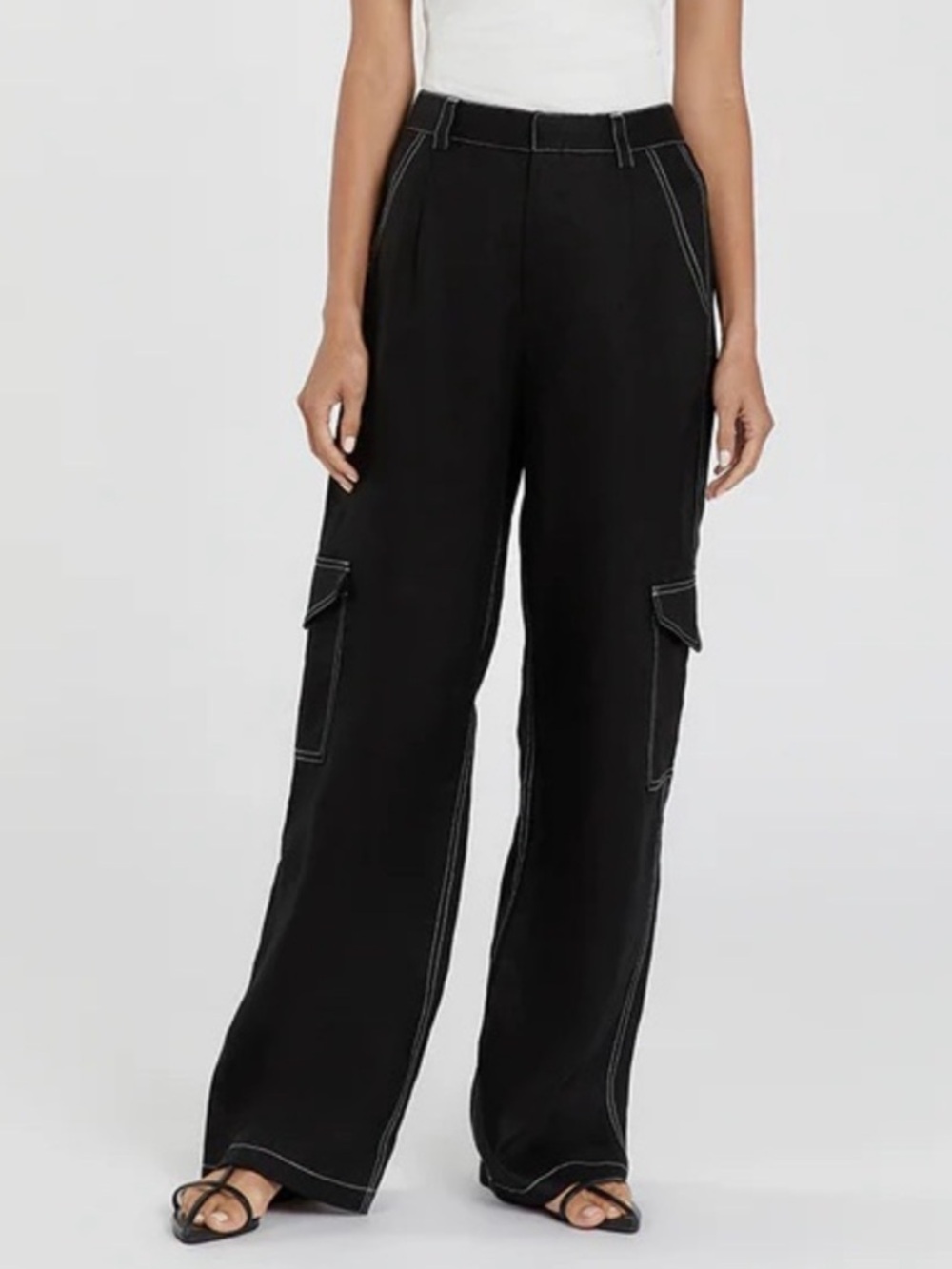 DISSH DIMITRA BLACK LINEN CARGO WIDE LEG WHITE STITCHING PANT Sz 2